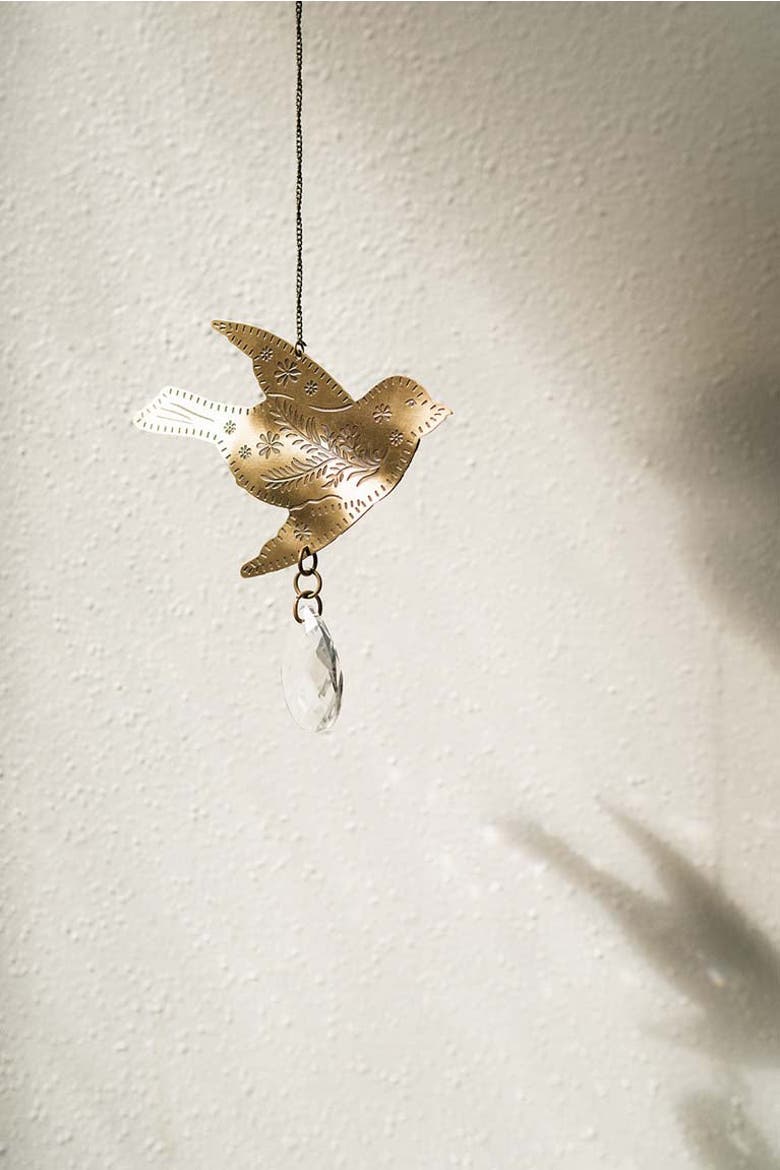 Surya Bird Engraved Brass Suncatcher, Alternate, color, Gold