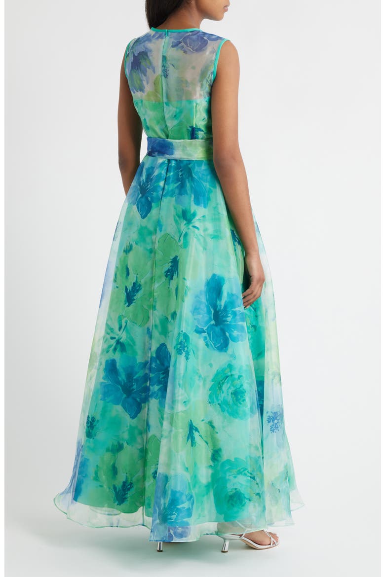 Floral Illusion Neck Organza Ballgown, Alternate, color, GREEN MULT