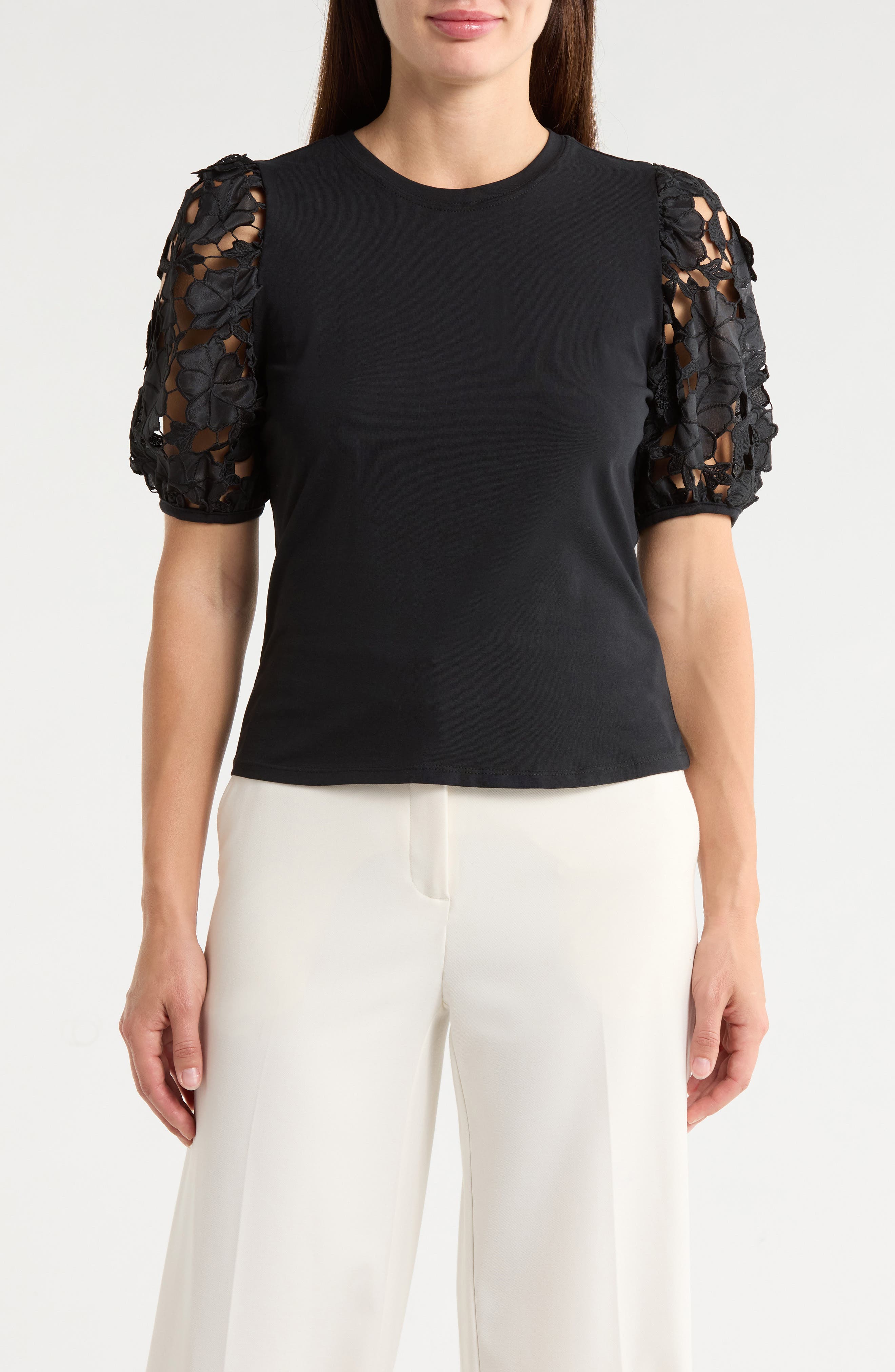 Ellen Tracy Mixed Media 3D Floral Sleeve Top