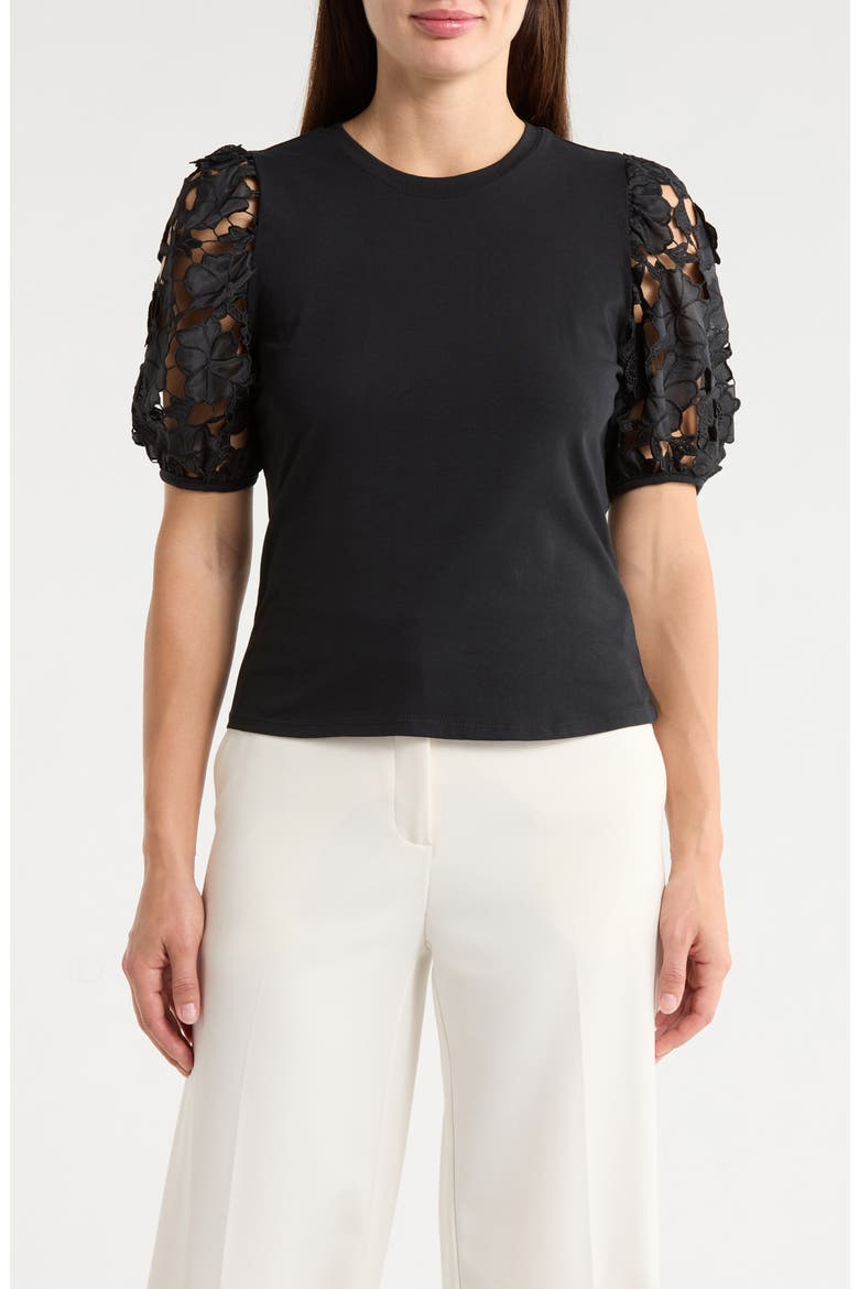 Mixed Media 3D Floral Sleeve Top, Main, color, BLACK