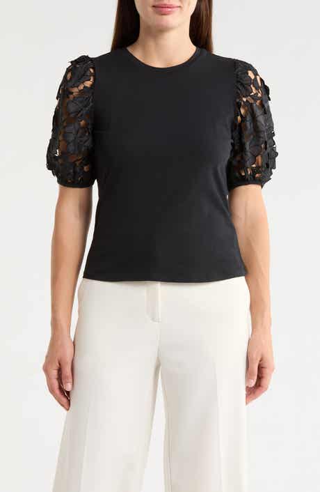 Ellen Tracy Mixed Media 3D Floral Sleeve Top