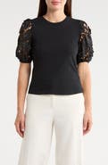 Ellen Tracy Mixed Media 3D Floral Sleeve Top