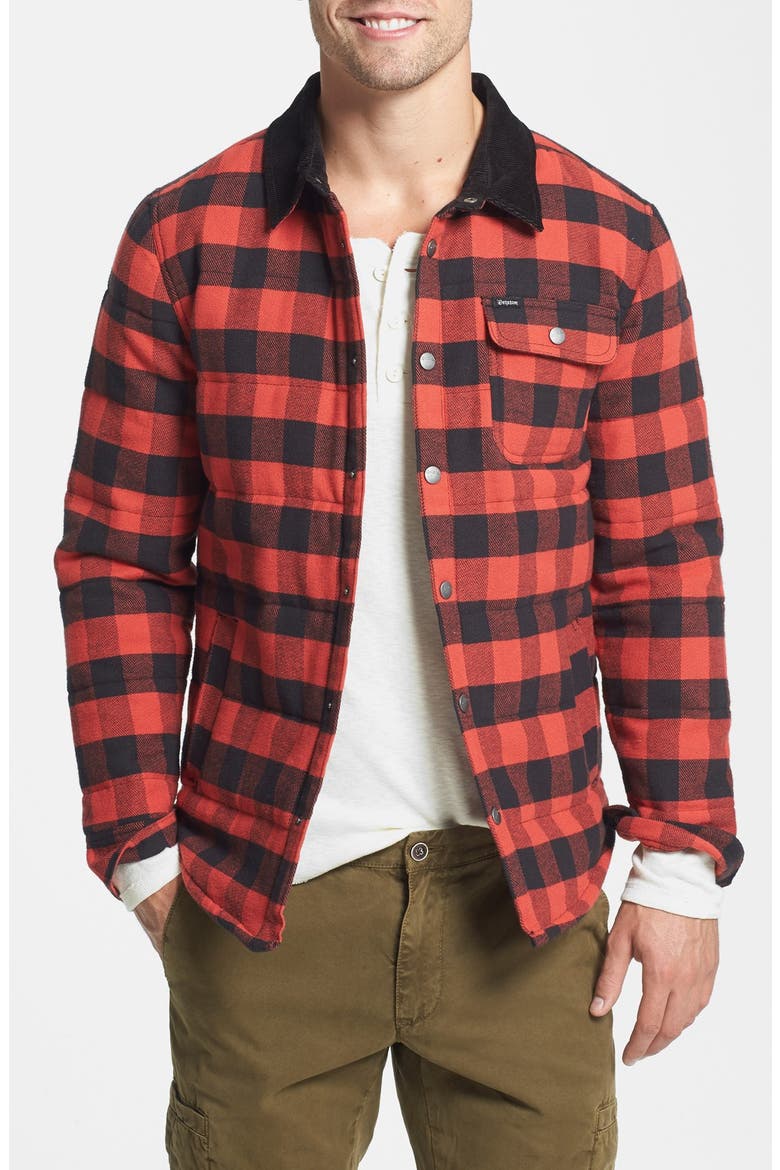 'Cass' Quilted Check Flannel Shirt Jacket with Corduroy Collar, Main, color, RED/BLACK