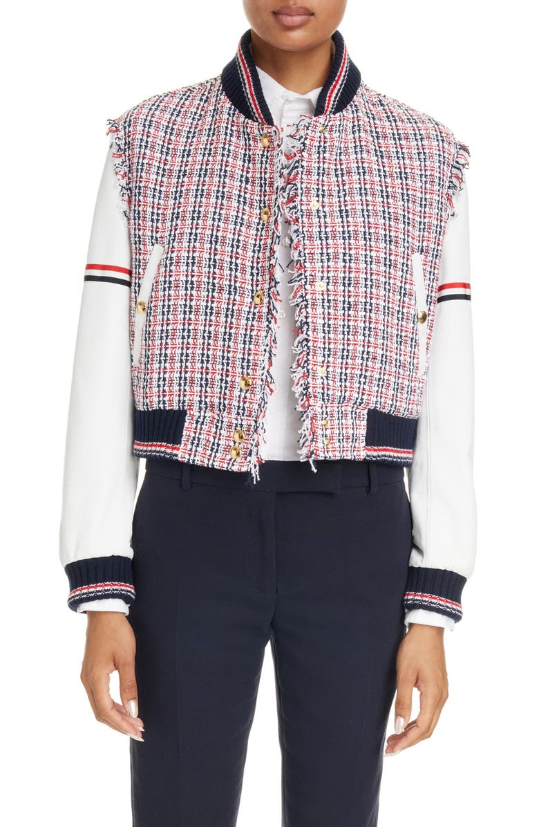 Thom Browne Check Tweed & Leather Varsity Jacket, Main, color, 