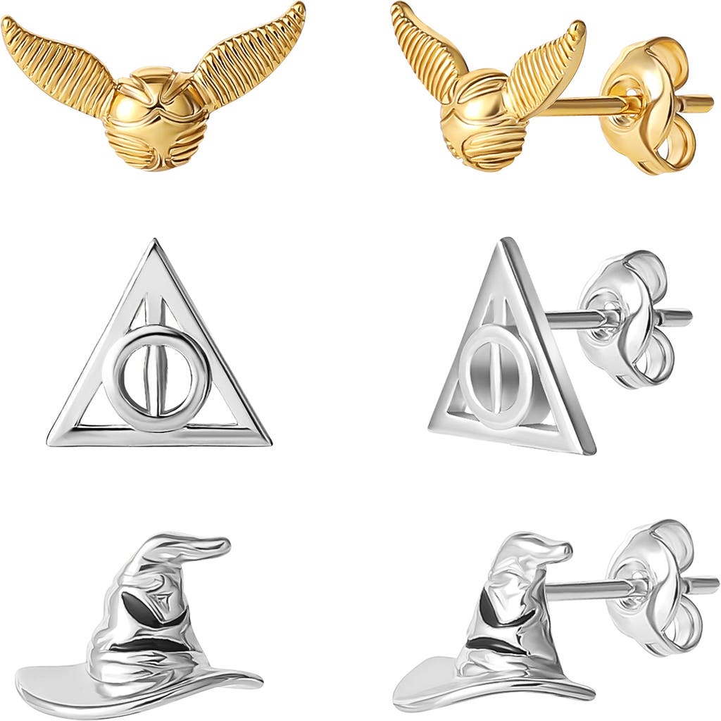 Harry Potter Deathly Hallows And Golden Snitch 18k Gold Or Silver Flash-plated Studs In Gold