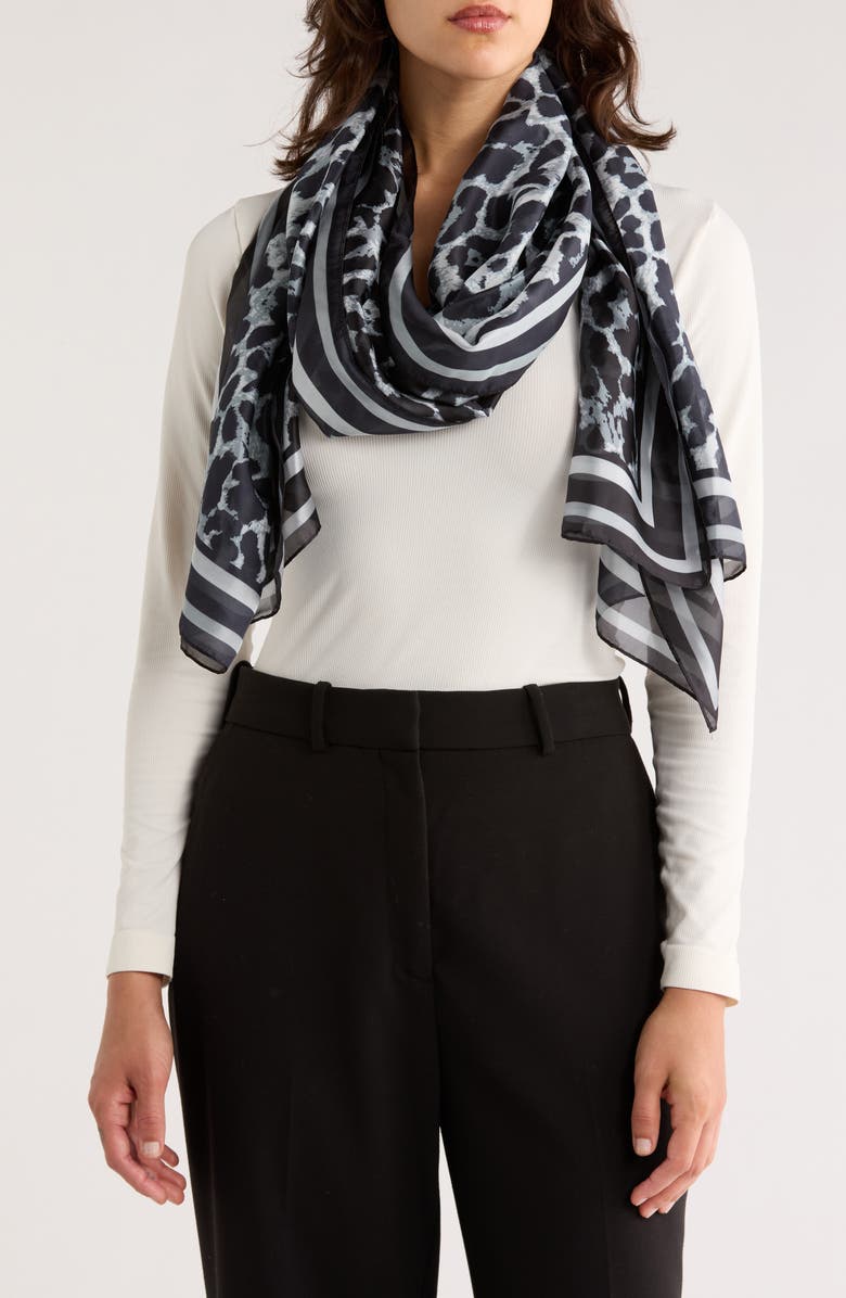 Nine West Leopard Print Chiffon Oblong Scarf, Main, color, Black