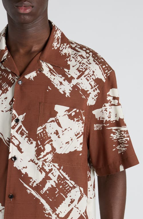 Bottega Veneta Postcard Print Silk Shantung Short Sleeve Shirt In Brown