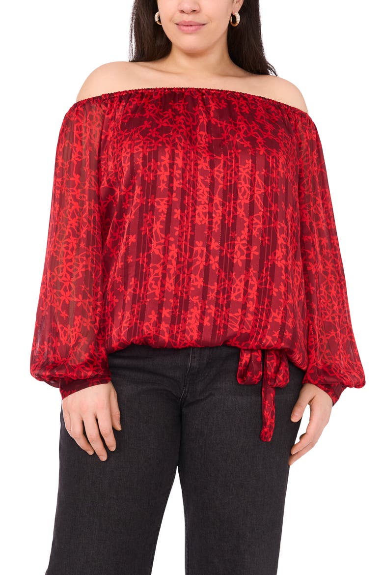 Floral Metallic Print Off the Shoulder Top, Main, color, CRIMSON
