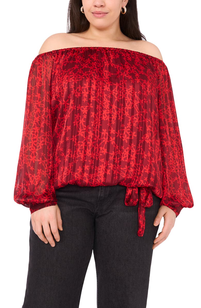 Vince Camuto Floral Metallic Print Off the Shoulder Top, Main, color, Crimson
