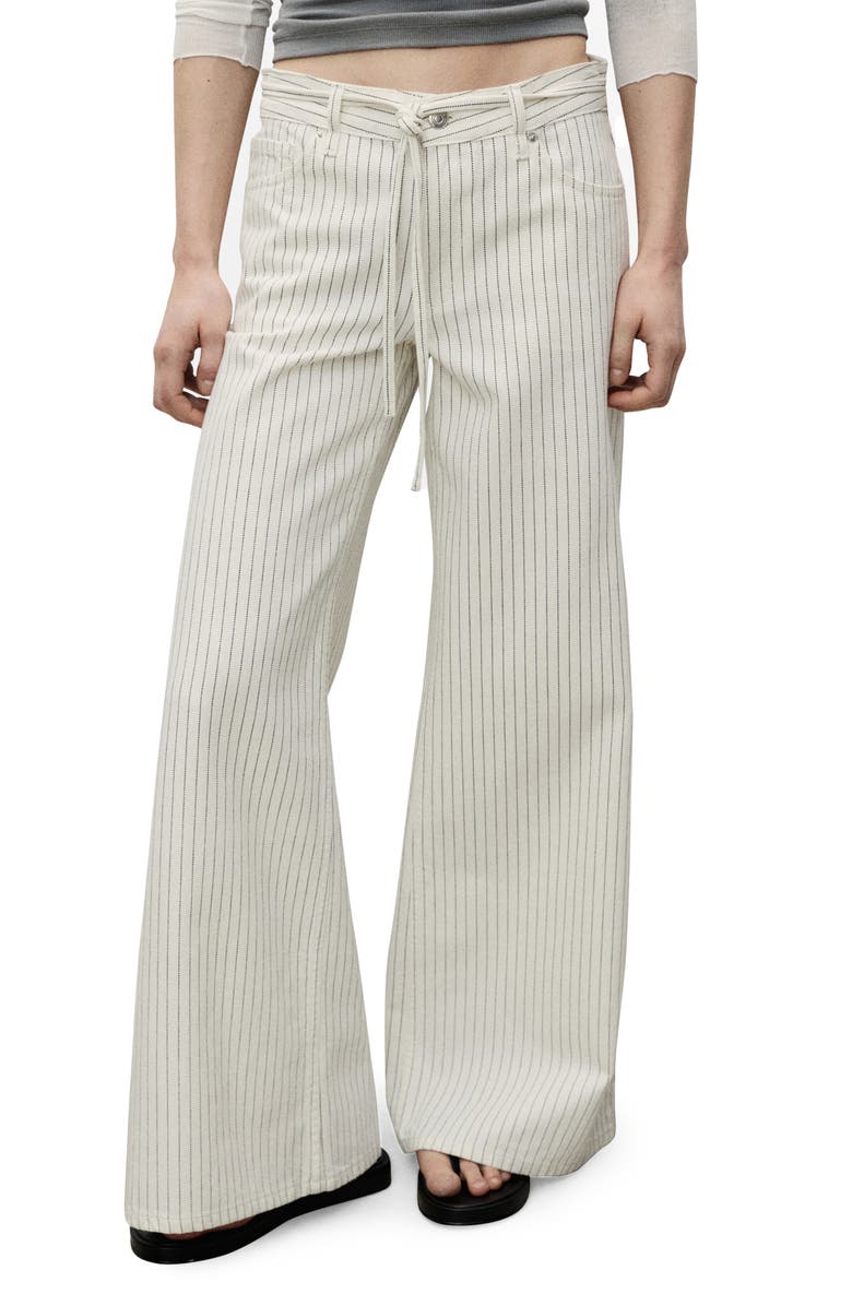 MANGO Belted Stripe Wide Leg Jeans, Main, color, Off White