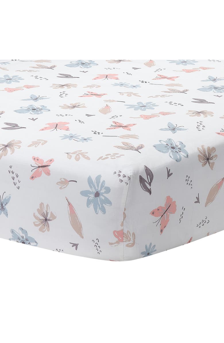 Lambs & Ivy Baby Blooms Watercolor Floral/Butterfly Cotton Fitted Crib Sheet, Main, color, Cream