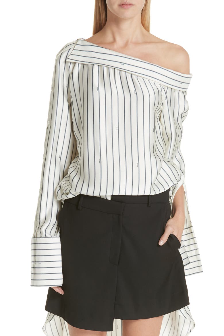 Off the Shoulder Pinstripe Silk Blouse, Main, color, IVORY/ NAVY