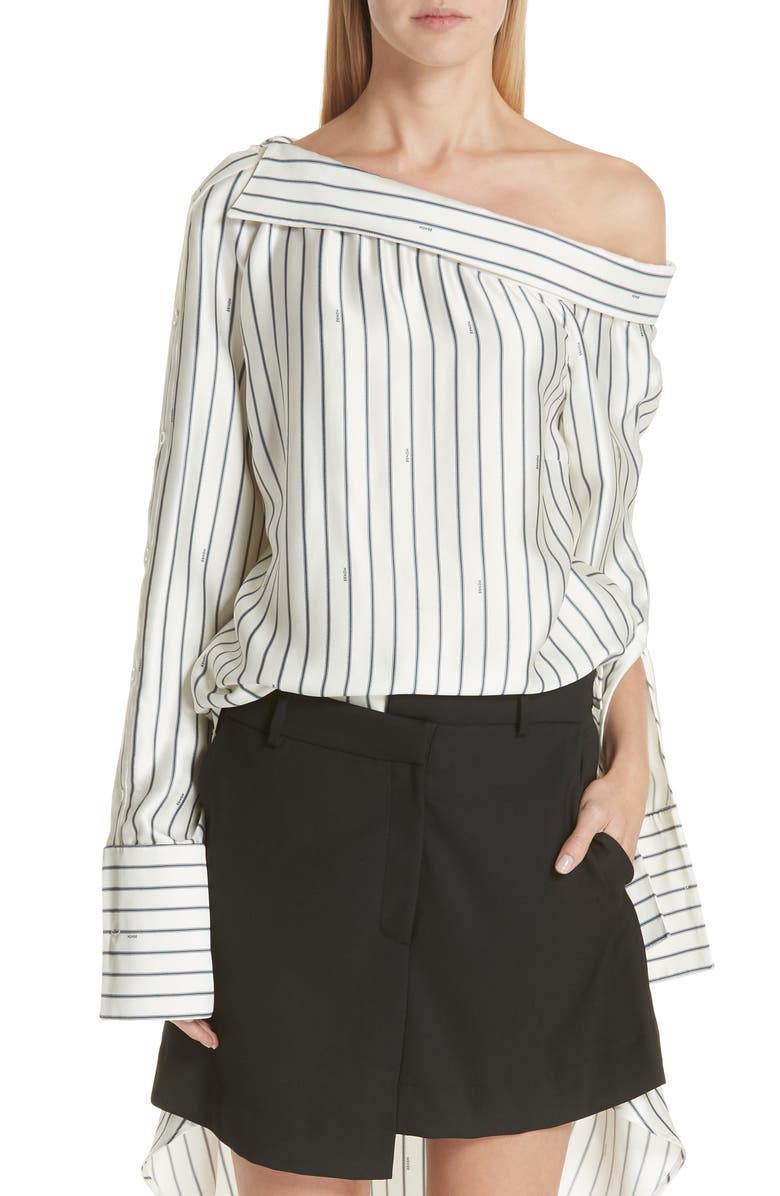 MONSE Off the Shoulder Pinstripe Silk Blouse, Main, color, 