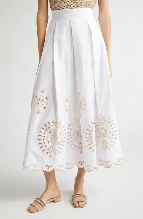 Eyelet Embroidered Stretch Cotton Skirt