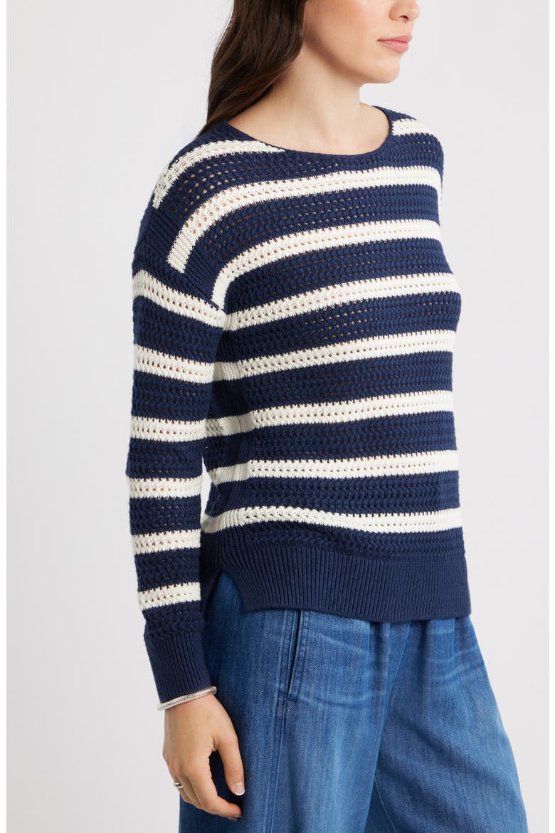 Open Stitch Cotton Blend Sweater, Alternate, color, NAVY- IVORY MATTY STRIPE