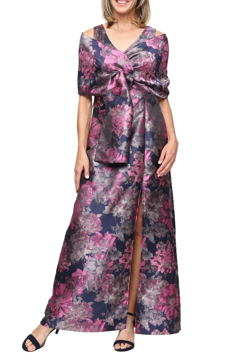 Floral Jacquard Gown with Jacket, Main, color, NAVY/ PINK