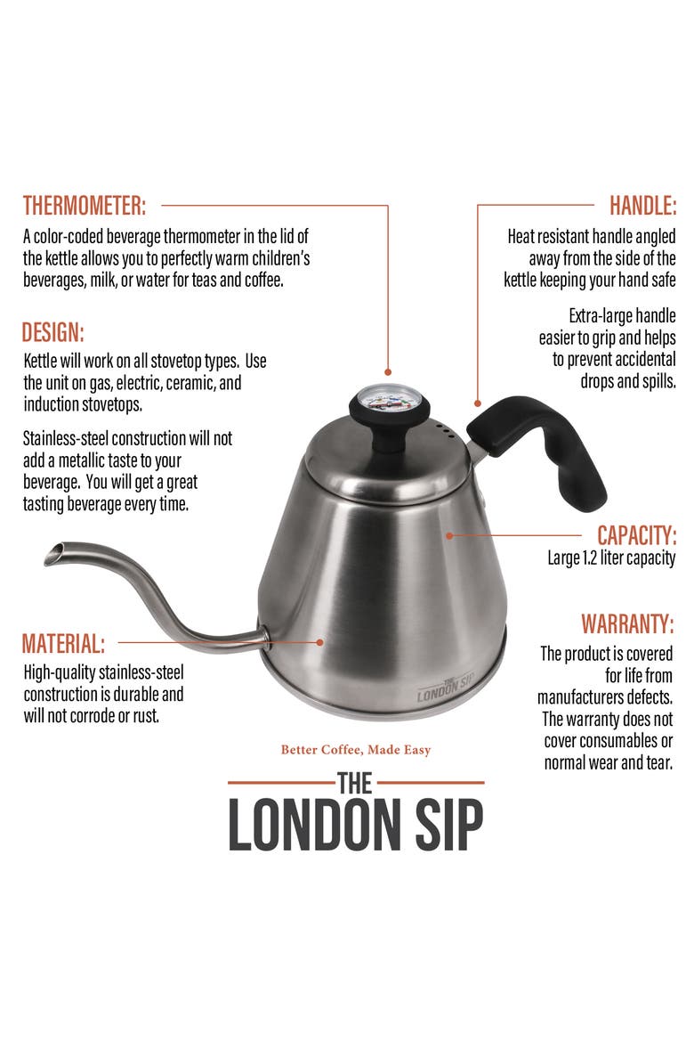 Stainless Steel Kettle w/ Beverage Thermometer, 1.2L Silver, Alternate, color, Metallic Silver