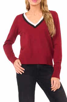 CeCe Scalloped Trim V-Neck Sweater