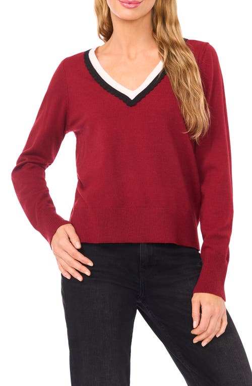 Cece Scalloped Trim V-neck Sweater In Burgundy