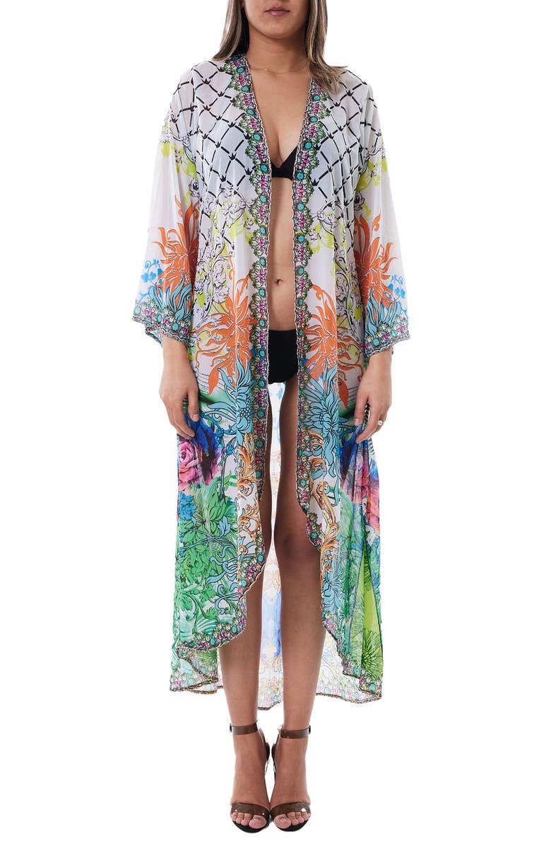 RANEES Mixed Print Chiffon Duster, Alternate, color, Green