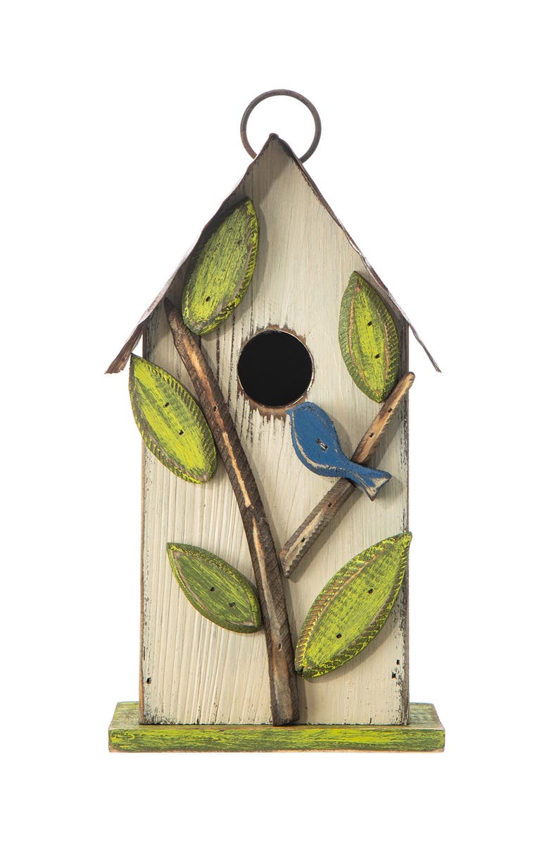 Glitzhome 10"H Multicolor Cute Distressed Solid Wood Birdhouse with 3D Flowers, Alternate, color, White