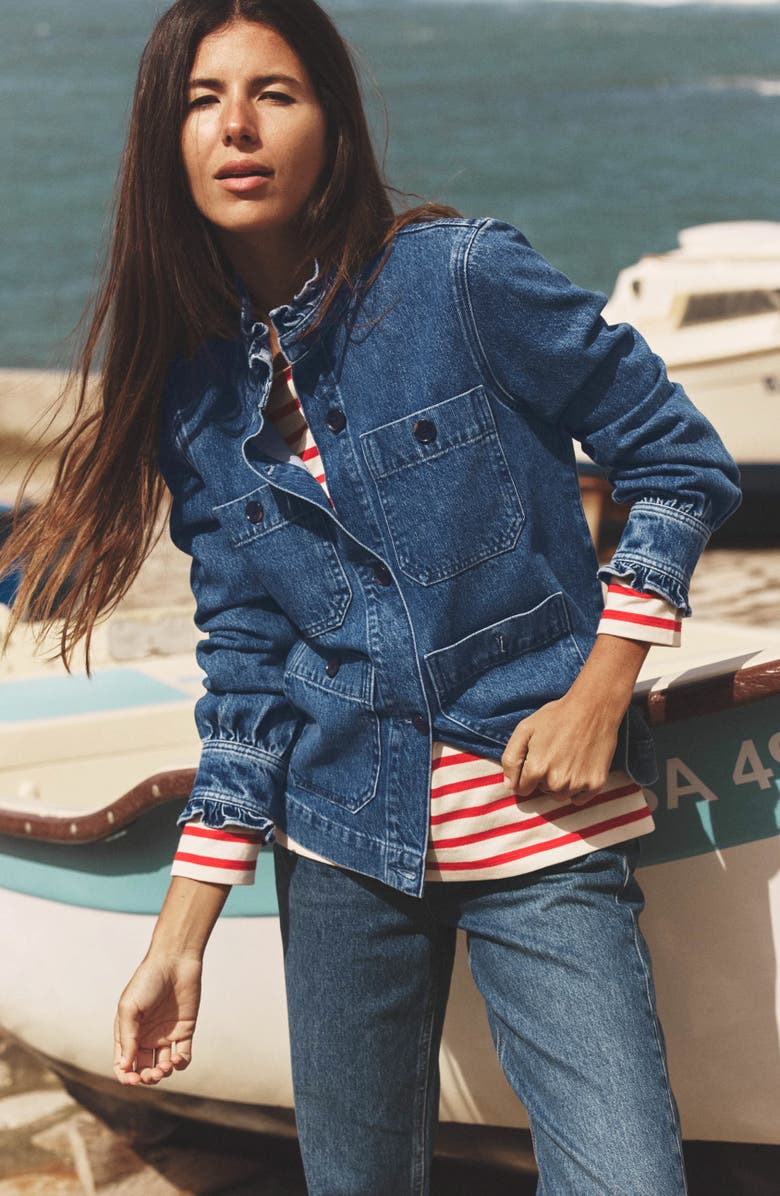 Boden Frill Detail Denim Jacket, Alternate, color, Mid Wash