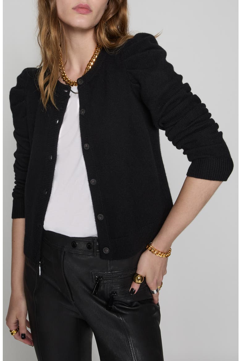 Janine Puff Shoulder Wool Cardigan, Main, color, TRUE BLACK