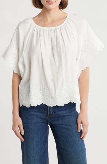 Adrianna Papell Embroidered Floral Top In White