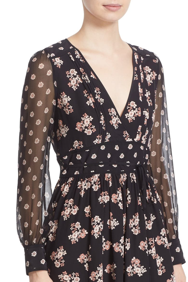 ditsy print silk midi dress, Alternate, color, BLACK