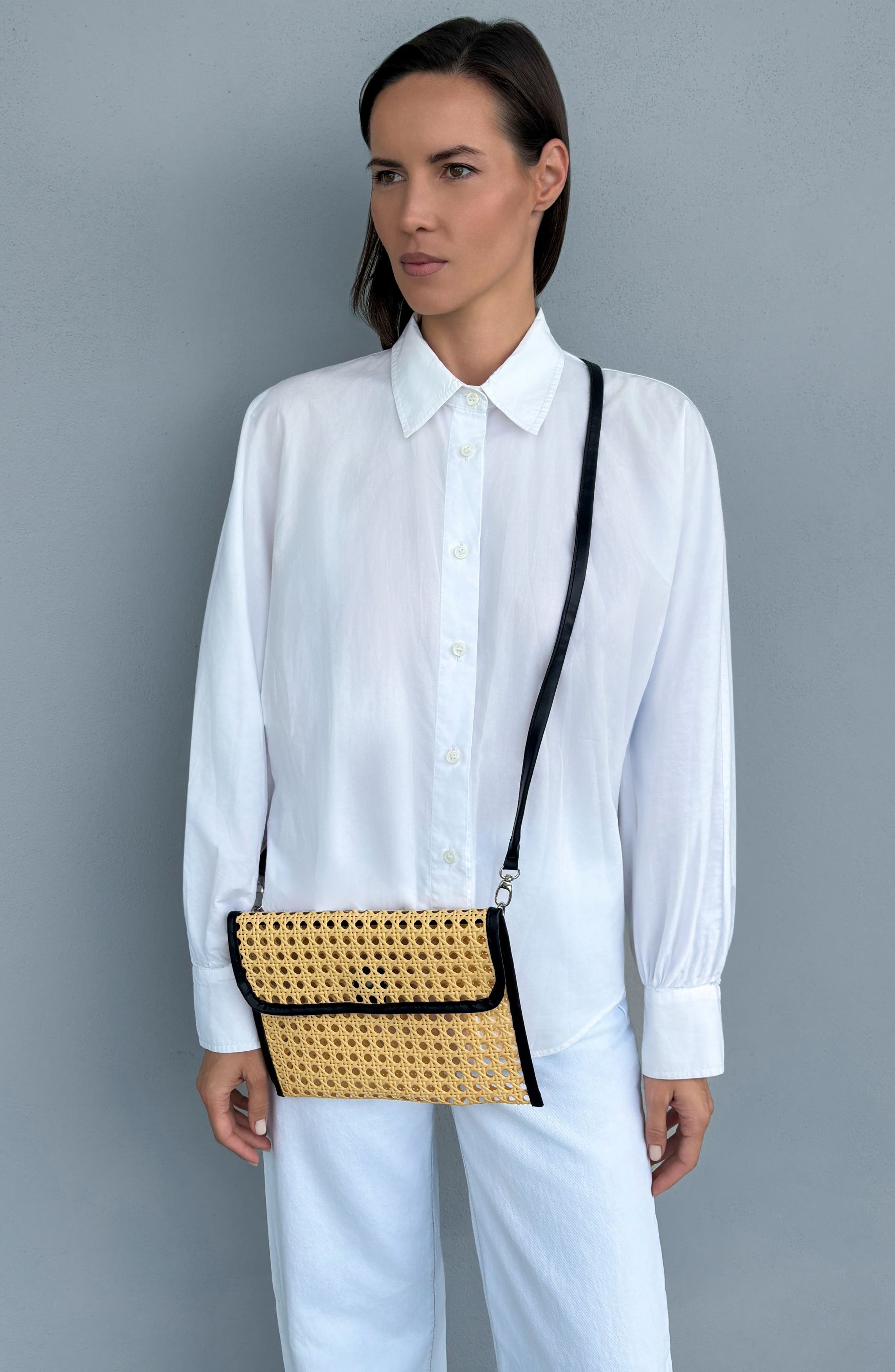 Rattan and Faux Leather Clutch, Alternate, color, BLACK/ TAN