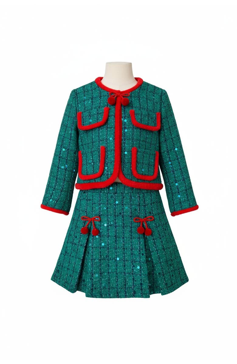 Mia Belle Girls Made For Fashionistas Holiday Blazer and Skirt Set, Main, color, Green