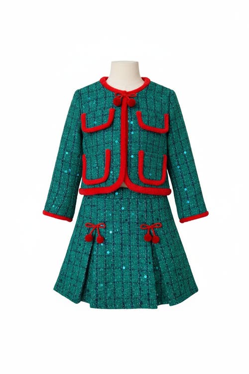 Mia Belle Girls Kids' Made For Fashionistas Holiday Blazer And Skirt Set In Green