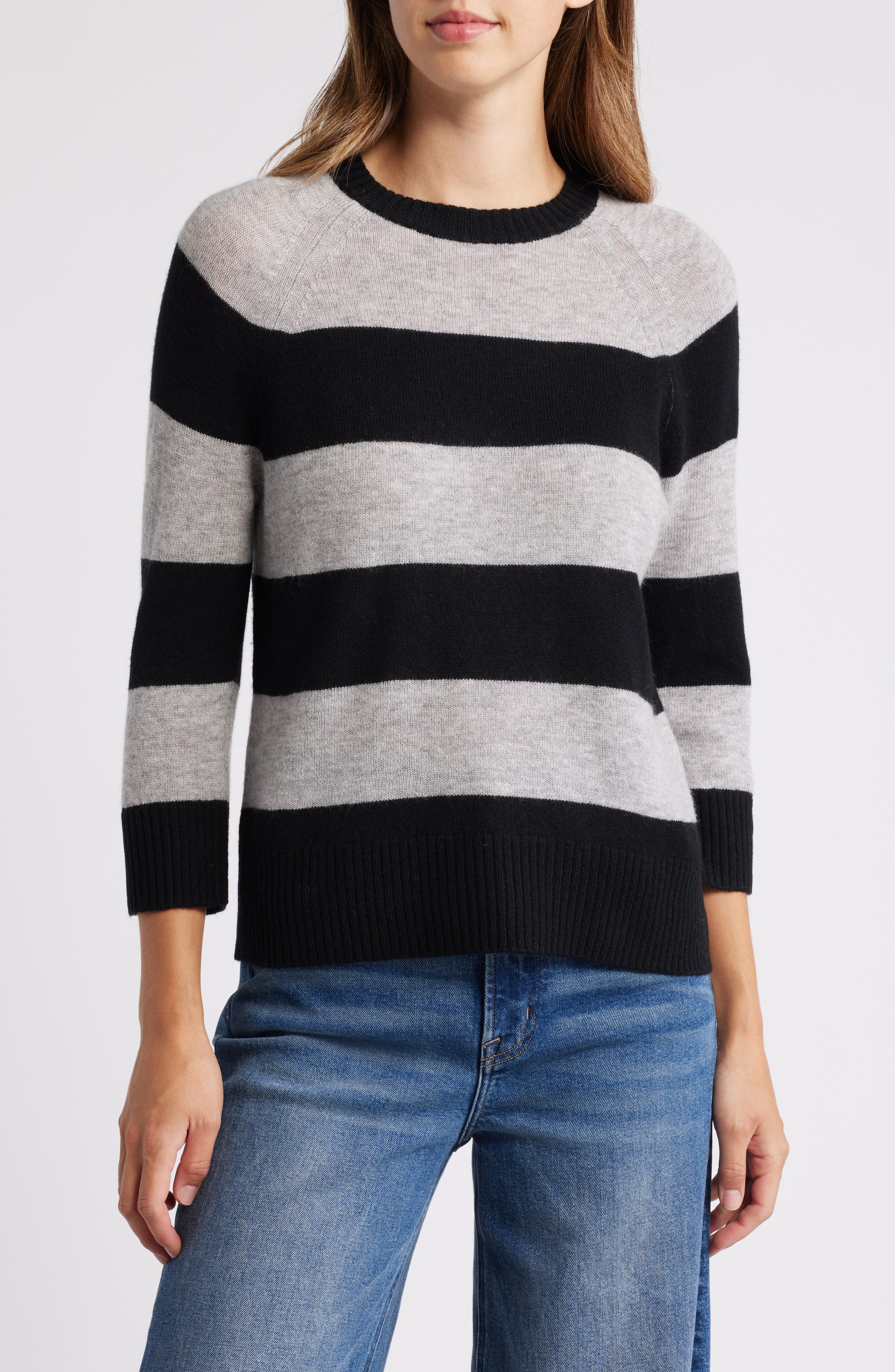 Griffen Stripe Wool & Cashmere Crewneck Sweater in Black/Light Grey 