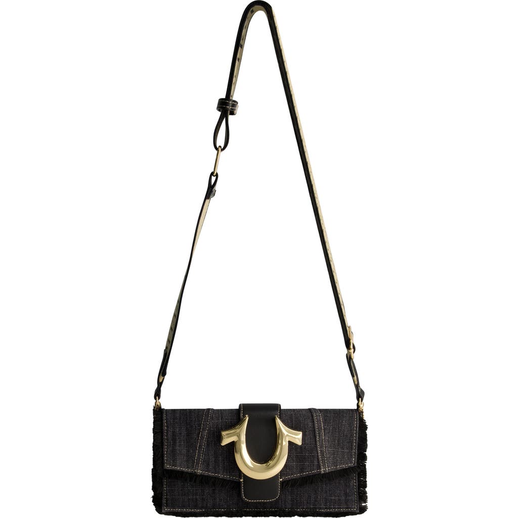 TRUE RELIGION TRUE RELIGION FRAYED DENIM FLAP CROSSBODY BAG