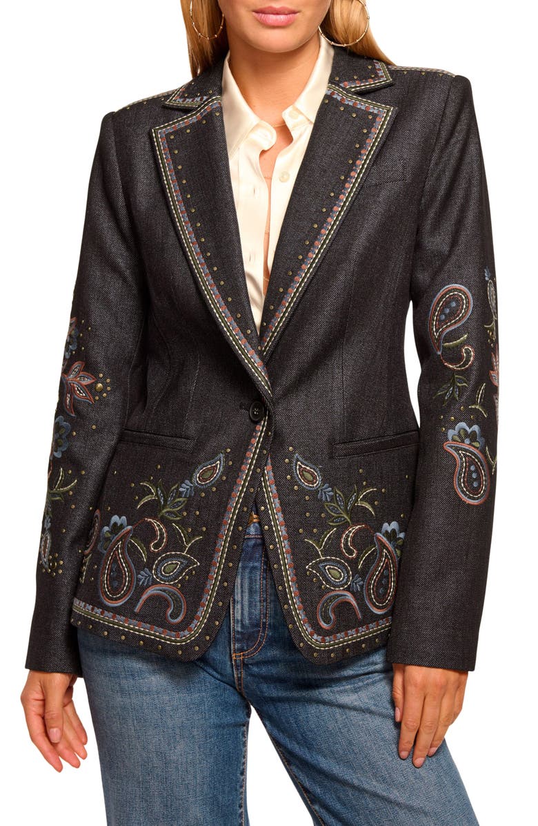 Ramy Brook Laura Embroidered Blazer, Main, color, Dark Denim Multi