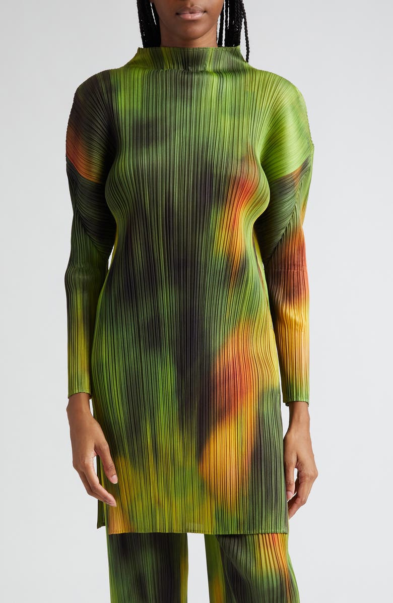 Pleats Please Issey Miyake Abstract Print Pleated Long Sleeve Dress, Main, color, 