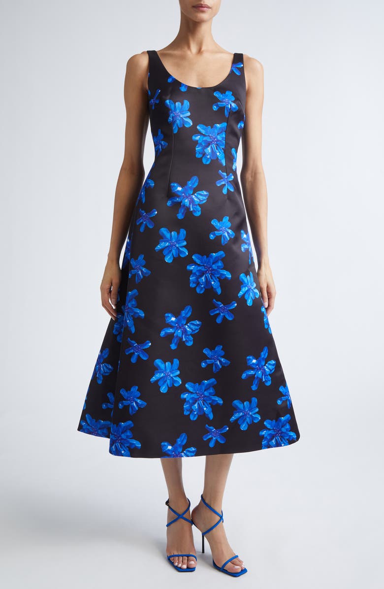 Emilia Wickstead Tippi Floral Genzianella Fit & Flare Midi Dress, Main, color, Electric Blue Floral On Black