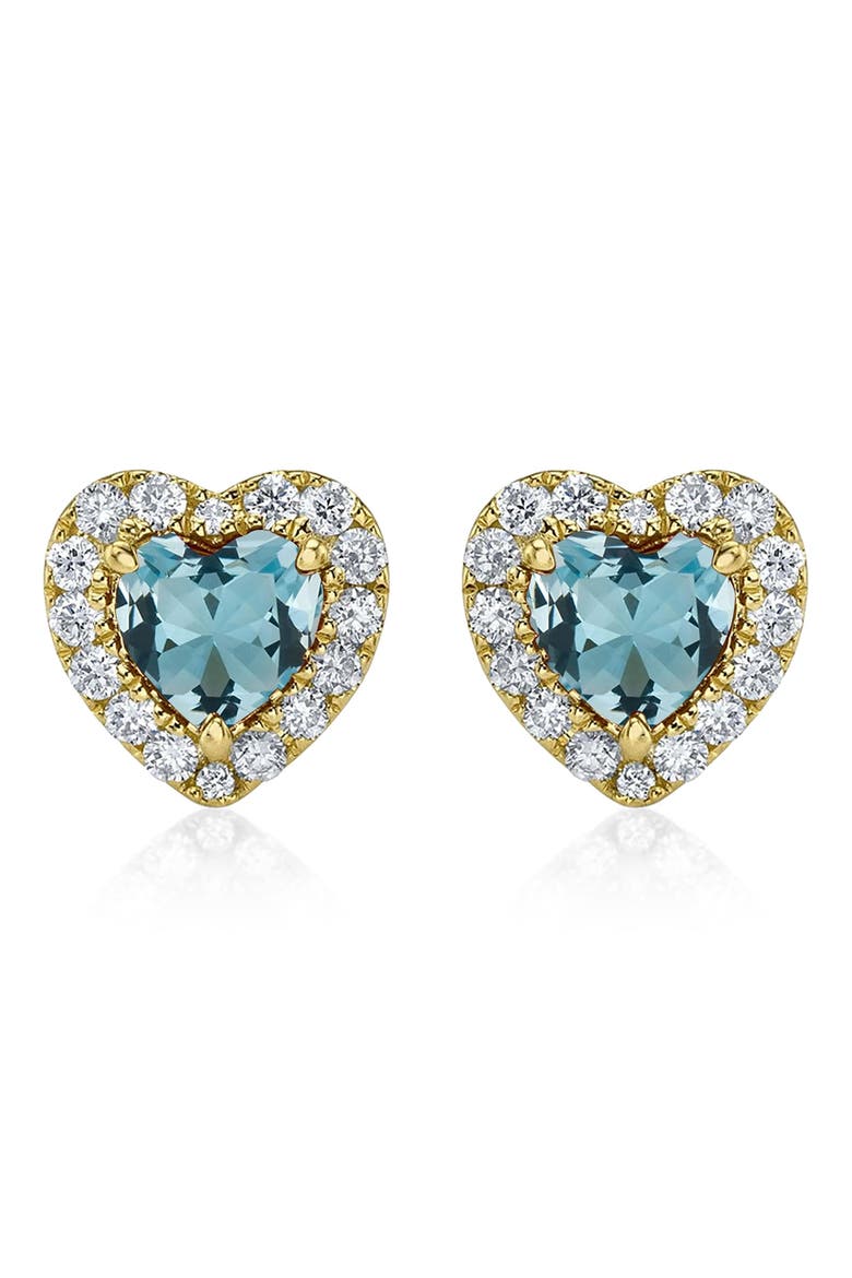 Heart Lab Aquamarine & Round Diamond Halo Stud Earrings 14K 0.68ct, Main, color, Aquamarine/Yellow Gold