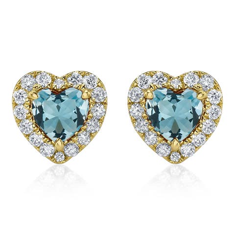 Heart Lab Aquamarine & Round Diamond Halo Stud Earrings 14K 0.68ct