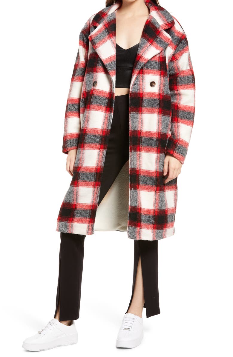 KENDALL + KYLIE Plaid Drop Shoulder Peacoat, Main, color, 