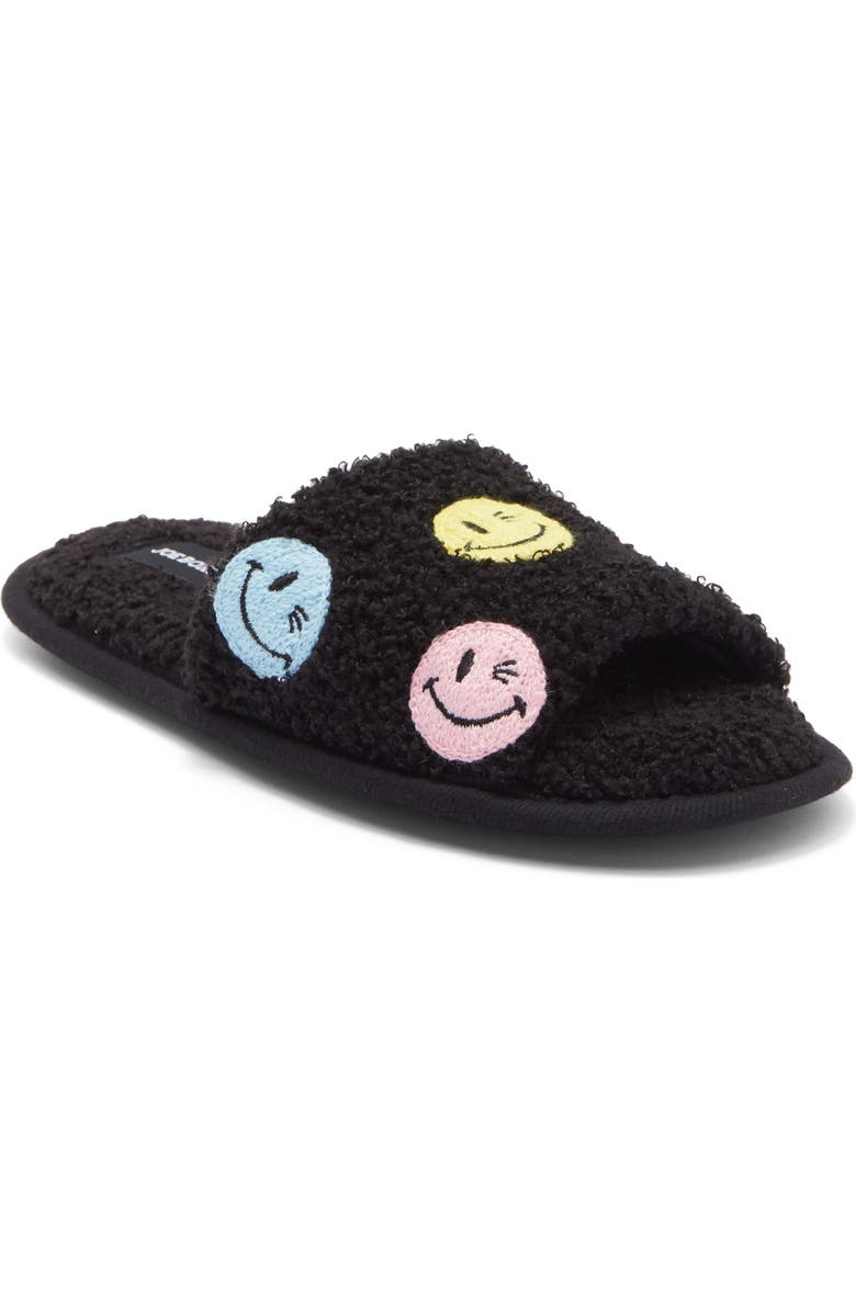 JOE BOXER Faux Shearling Happy Face Slipper, Main, color, Black