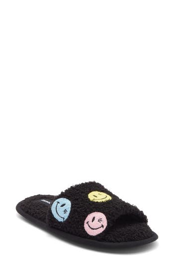 Joe Boxer Faux Shearling Happy Face Slipper In Black
