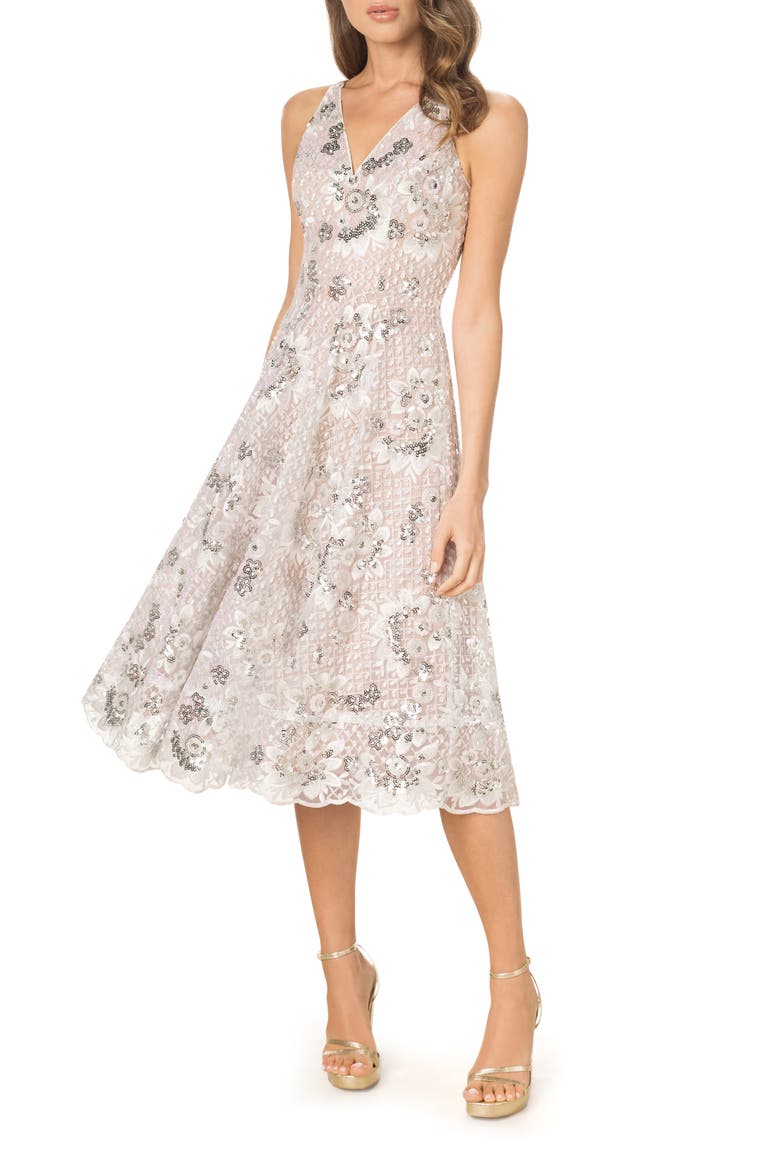 Elisa Sequin Embroidered Cocktail Midi Dress, Main, color, WHITE MULTI