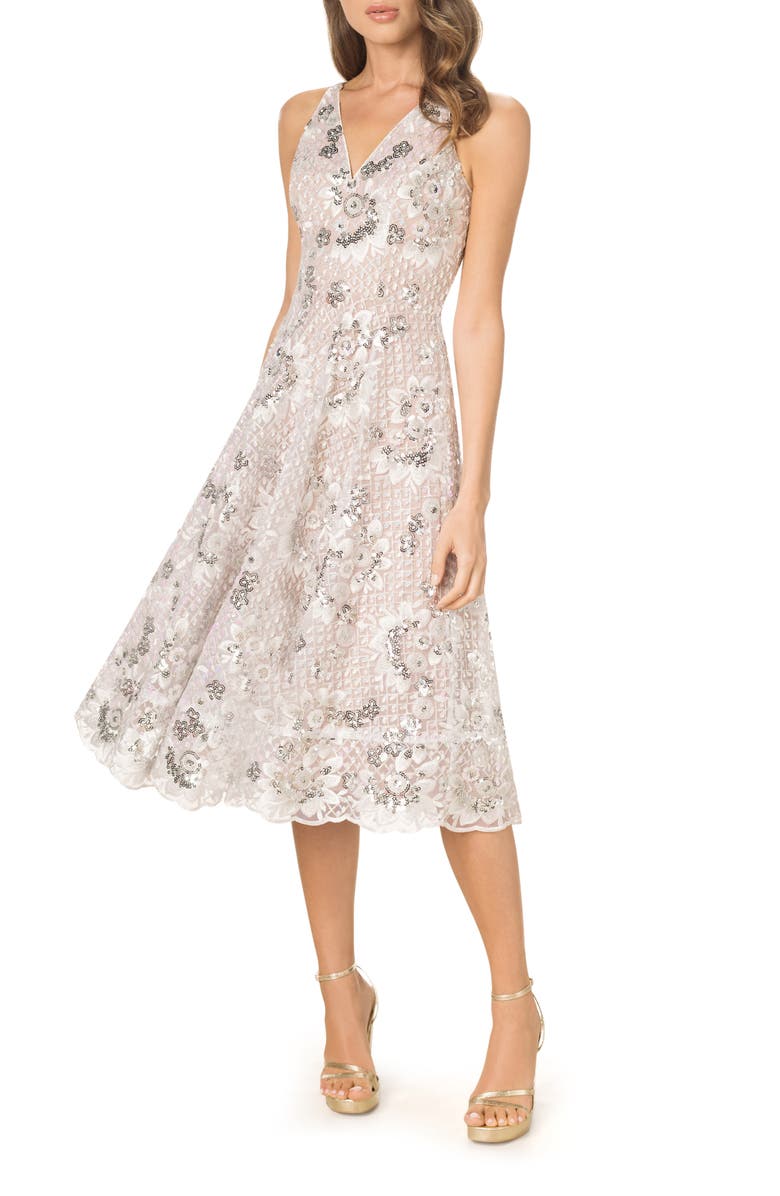Dress the Population Elisa Sequin Embroidered Cocktail Midi Dress, Main, color, 