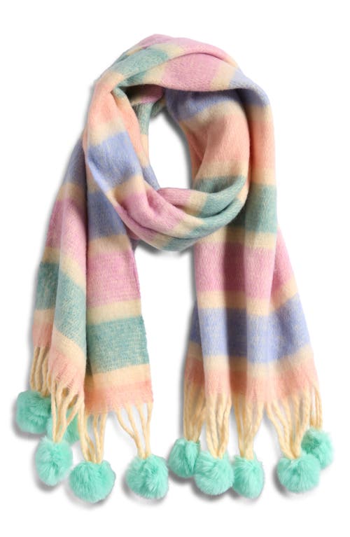 Tasha Pastel Stripe Scarf With Faux Fur Pom Fringe In Pink