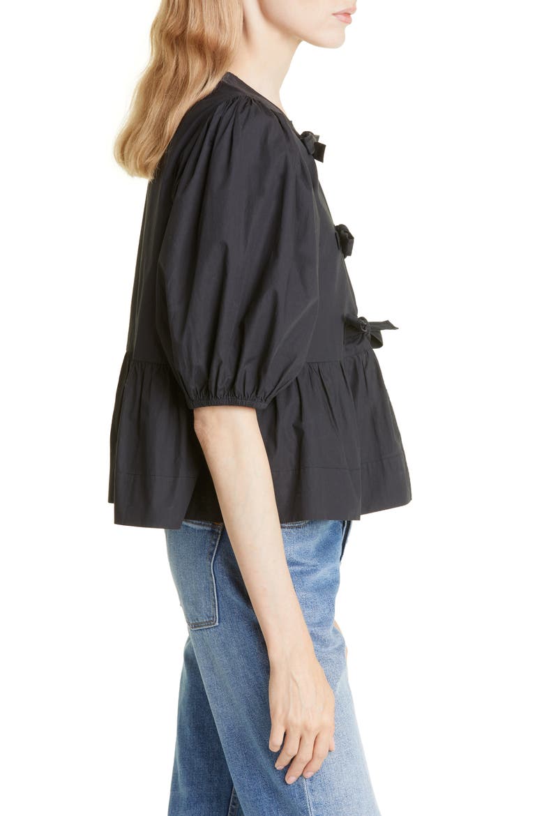 Puff Sleeve Organic Cotton Poplin Peplum Blouse, Alternate, color, BLACK