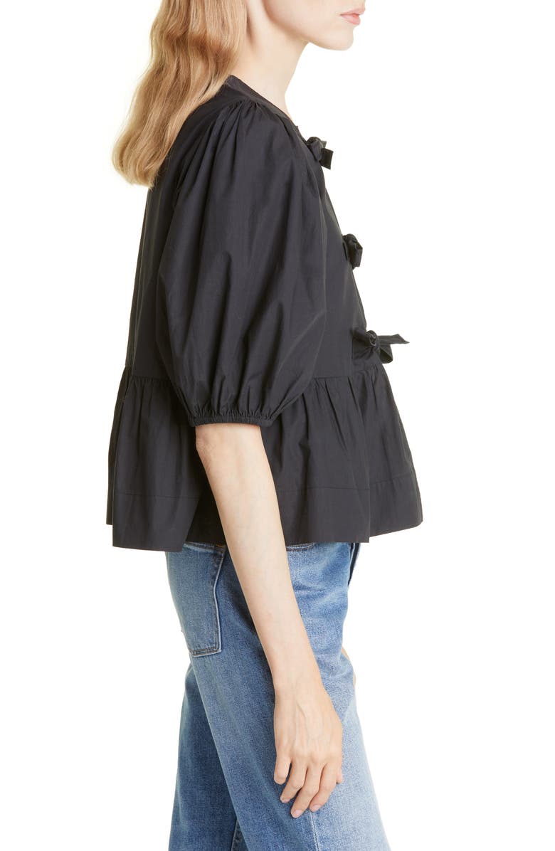 Ganni Puff Sleeve Organic Cotton Poplin Peplum Blouse, Alternate, color, 