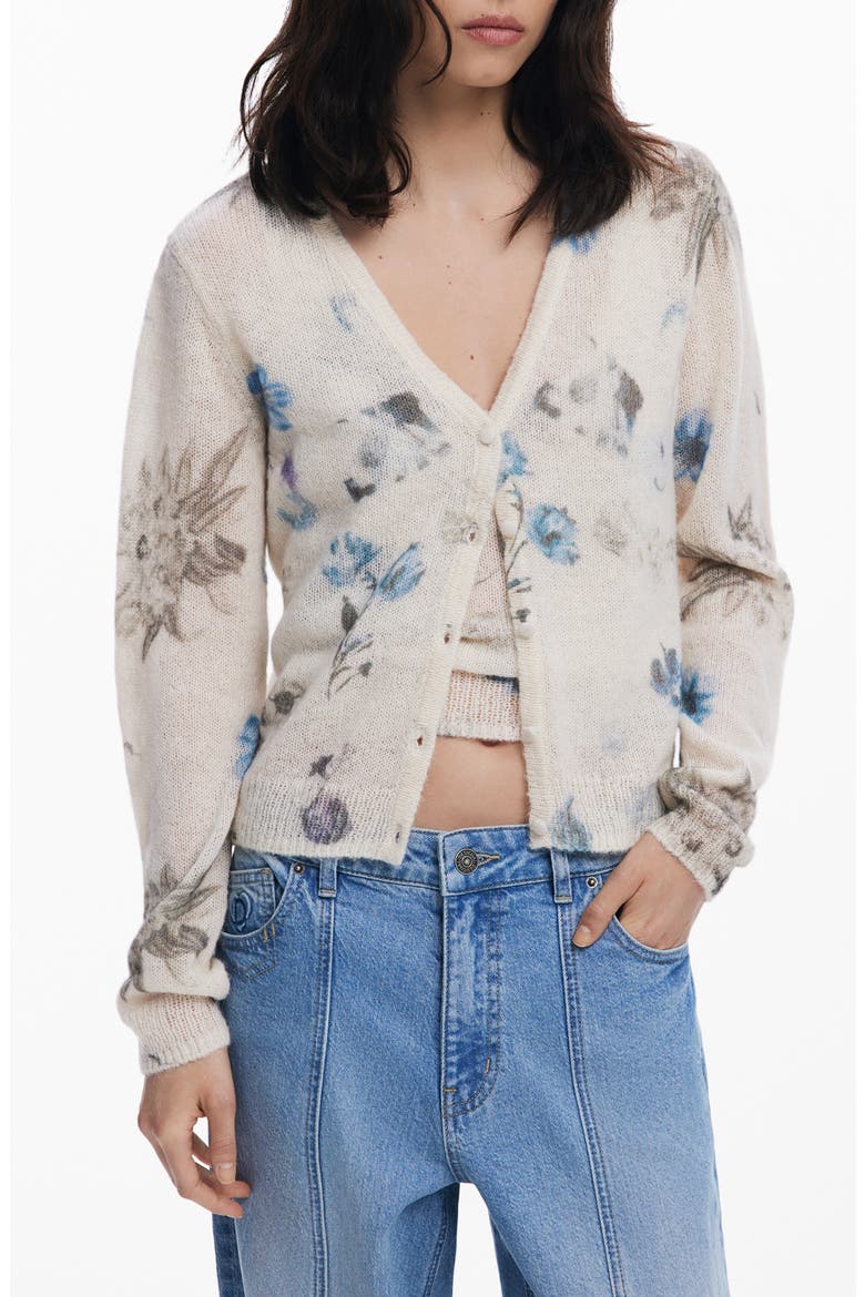 Floral Thin Gauge Cardigan, Main, color, BEIGE