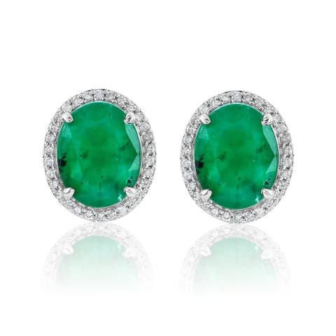 14K Gold 5.66cttw Oval-Cut Emerald & 0.25cttw Diamonds Earrings