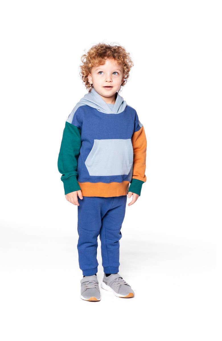 Deux par Deux Long Sleeve Colorblocked Hooded Fleece Sweatshirt, Alternate, color, Colorblock Blue